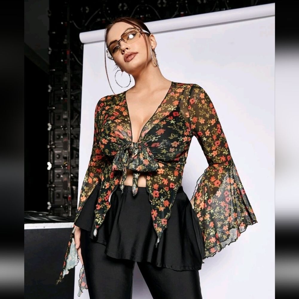 90s Inspired Floral Mesh Tie-Front Flare Sleeve Coverup